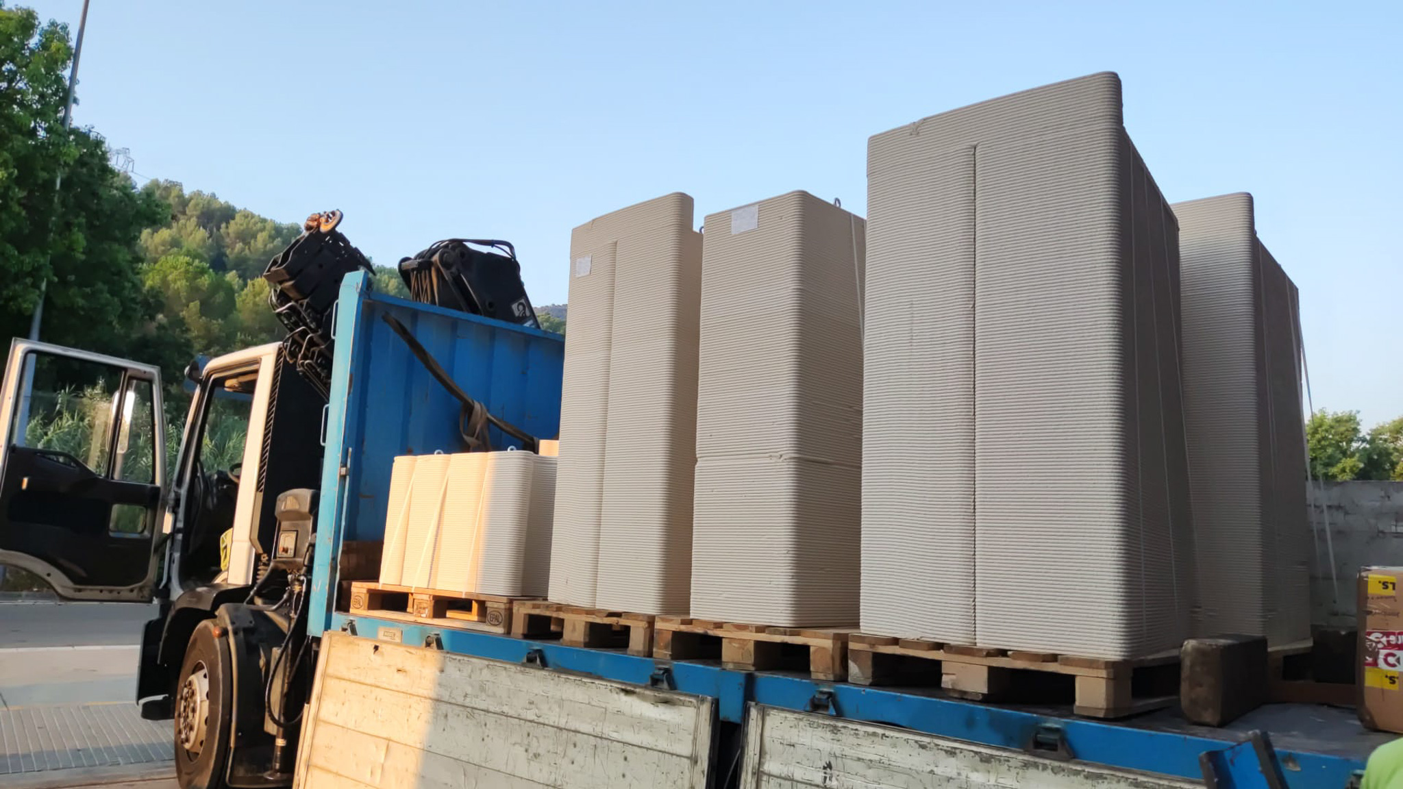 3D printed pieces for Sutton Barcelona loaded onto a truck and ready for transport