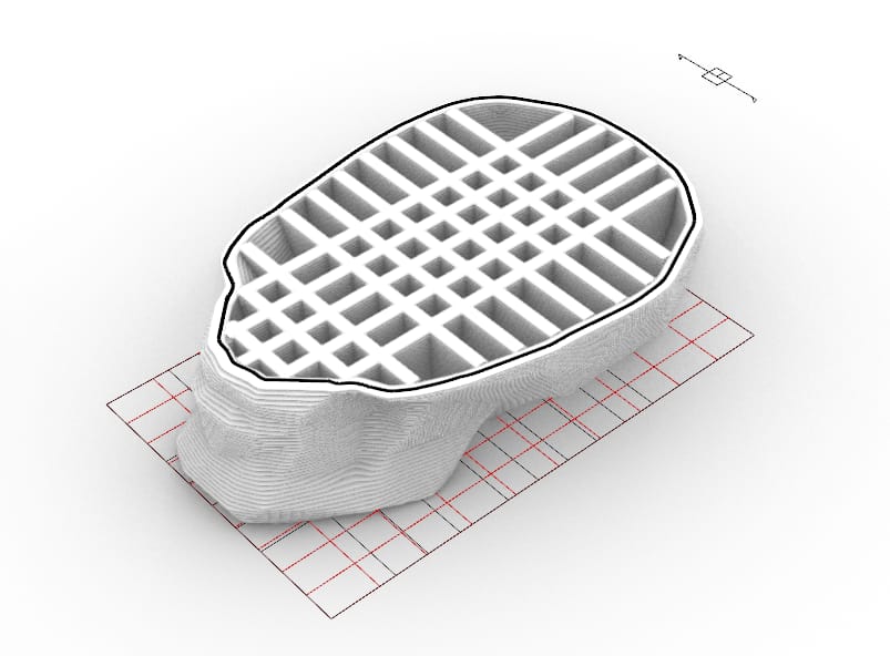 Modelo CAD con las capas de impresión 3D de hormigón de la escultura de gran formato P(ART) x Lily Brick