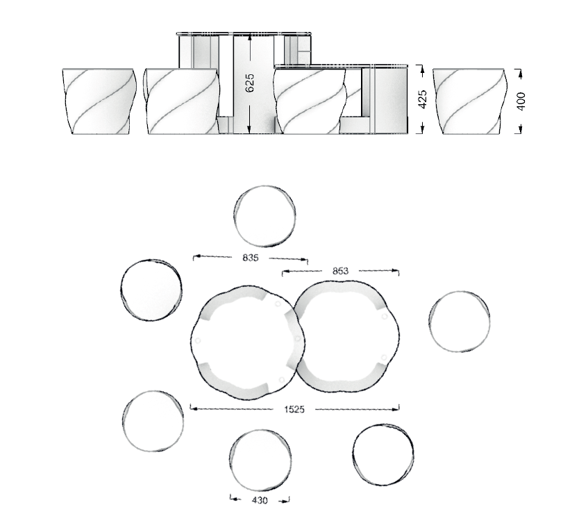 Diseño CAD original de Terra Meeting Set, conjunto de mesas y taburetes impresos en 3D