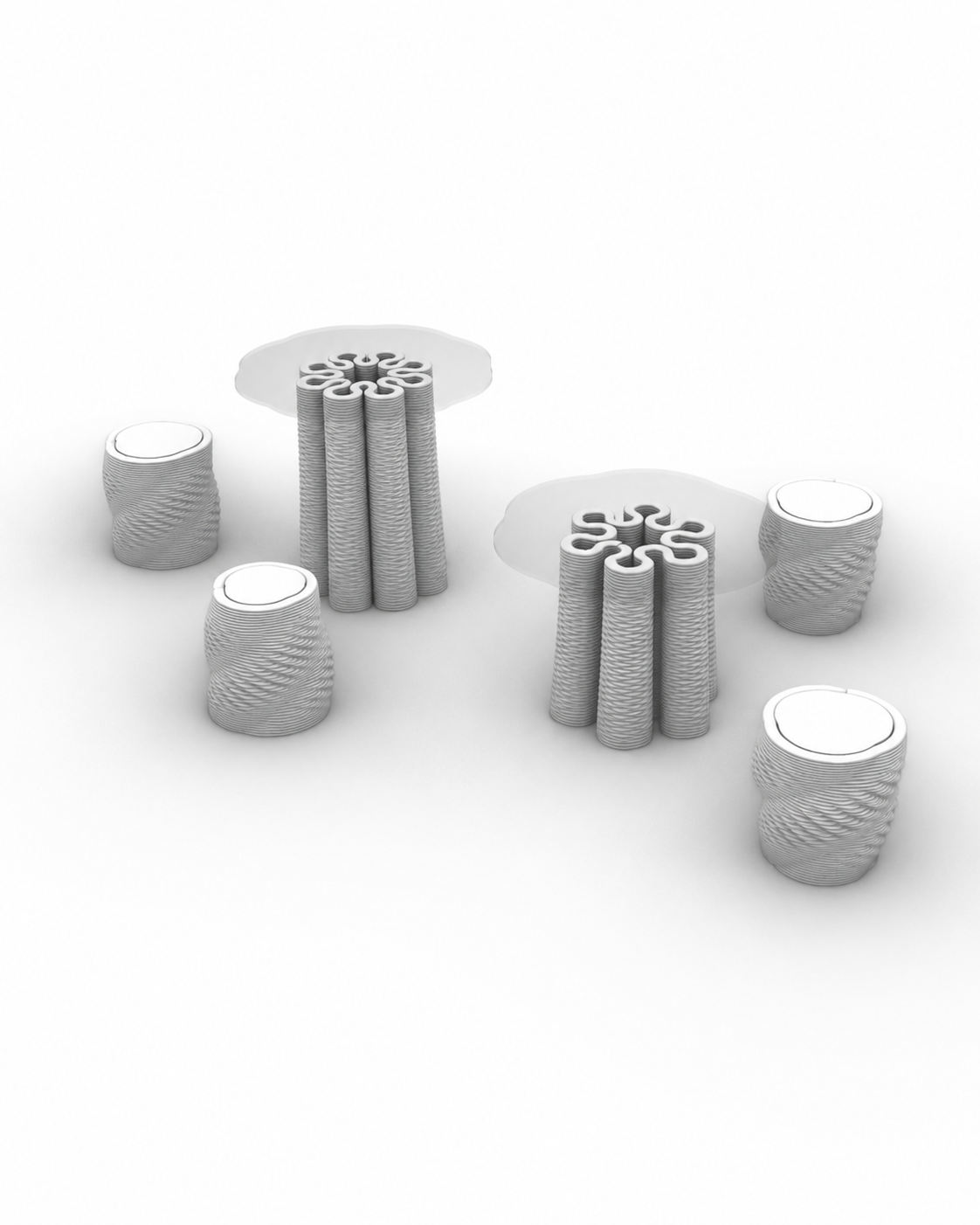 Diseño CAD original de Terra Meeting Set, conjunto de mesas y taburetes impresos en 3D