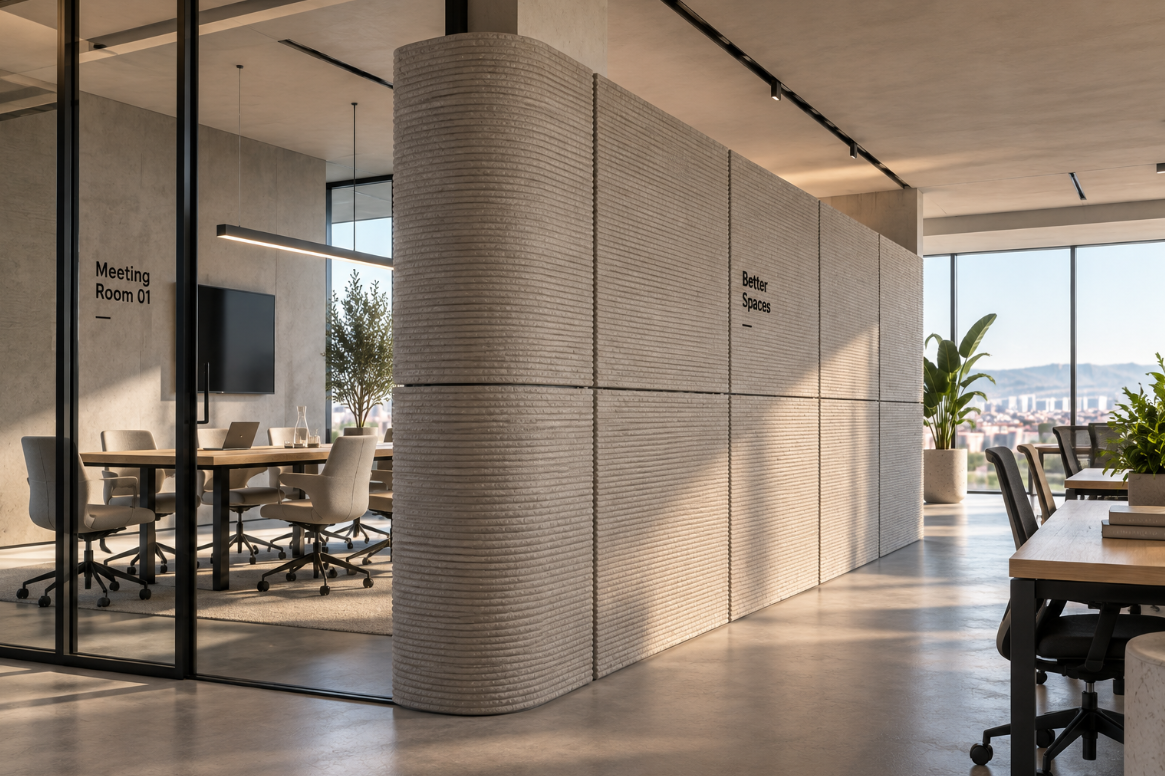 Divisiones interiores de hormigón impreso en 3D en oficinas